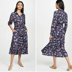 XiRENA Blue Dress Floral Pockets Midi Everr Long Sleeve Collared Small
